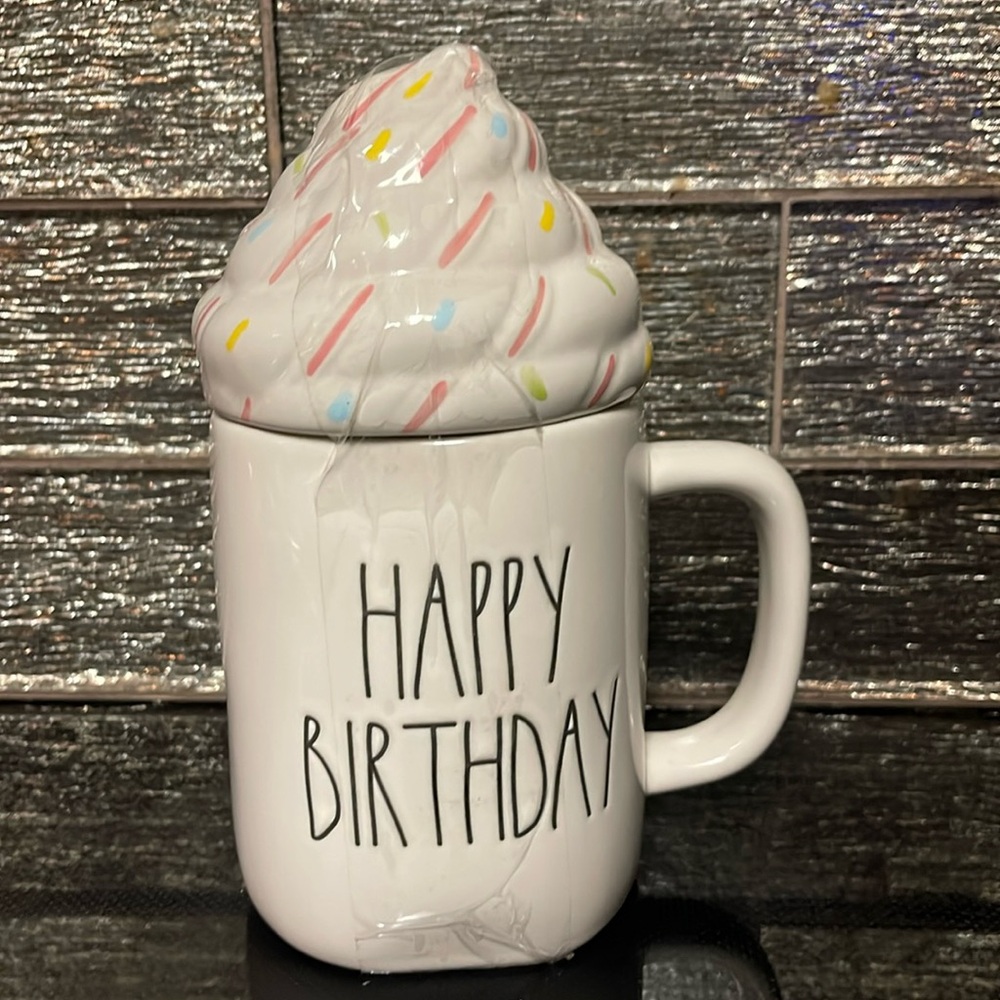 Rae Dunn Happy Birthday Coffee Mug Whipped Cream Topper Tea Cup Sprinkles Party